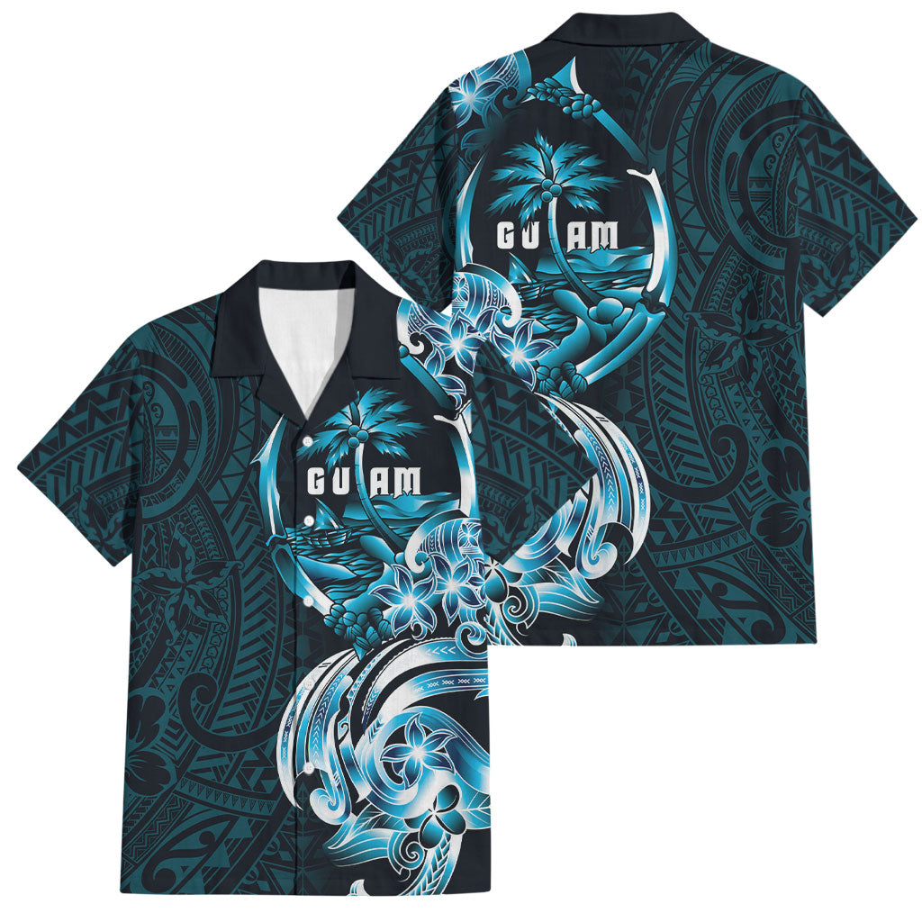 Asut Guam Chamorro Family Matching Off The Shoulder Long Sleeve Dress and Hawaiian Shirt Guahan Seal Tattoo LT14 Dad's Shirt - Short Sleeve Blue - Polynesian Pride