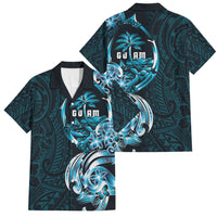 Asut Guam Chamorro Family Matching Off The Shoulder Long Sleeve Dress and Hawaiian Shirt Guahan Seal Tattoo LT14 Dad's Shirt - Short Sleeve Blue - Polynesian Pride