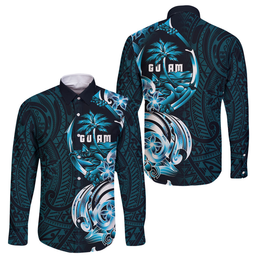 Asut Guam Chamorro Family Matching Off The Shoulder Long Sleeve Dress and Hawaiian Shirt Guahan Seal Tattoo LT14 Dad's Shirt - Long Sleeve Blue - Polynesian Pride