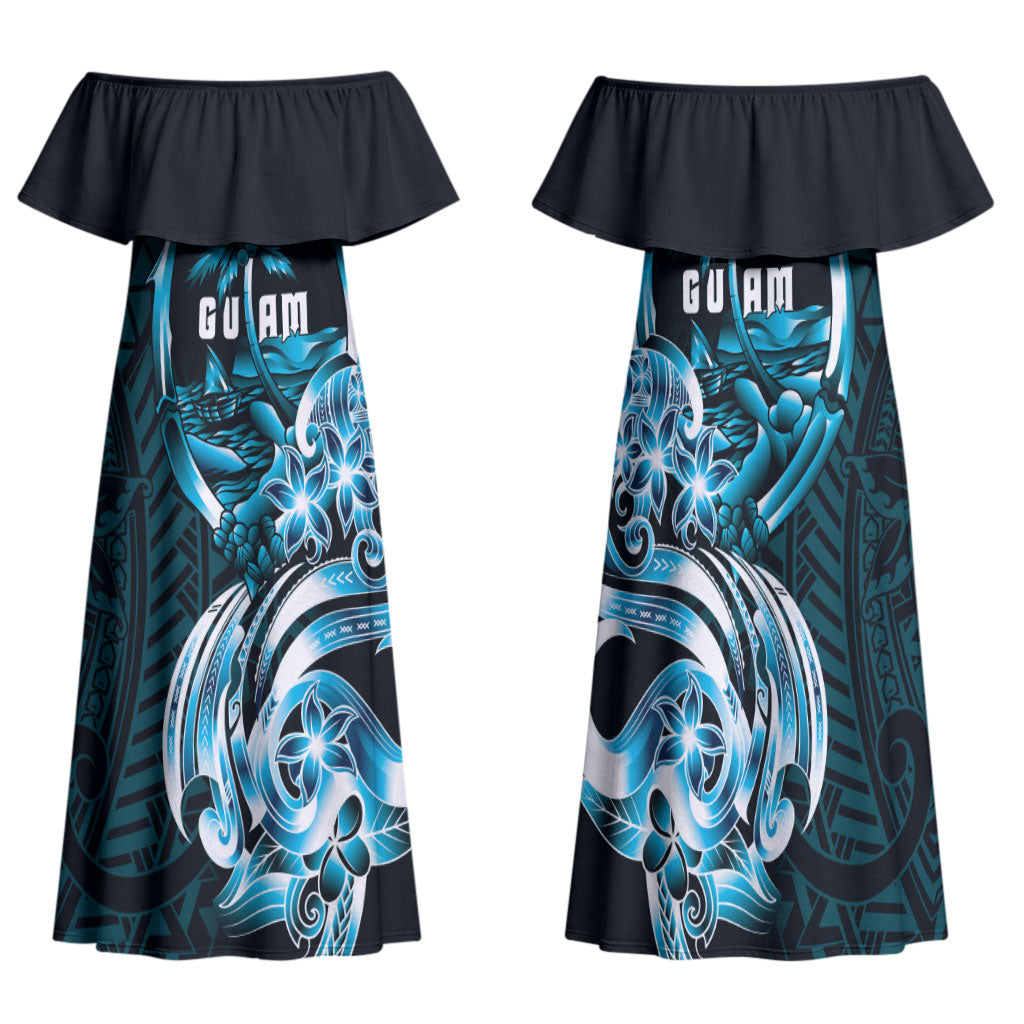 Asut Guam Chamorro Family Matching Off Shoulder Maxi Dress and Hawaiian Shirt Guahan Seal Tattoo LT14 Mom's Dress Blue - Polynesian Pride
