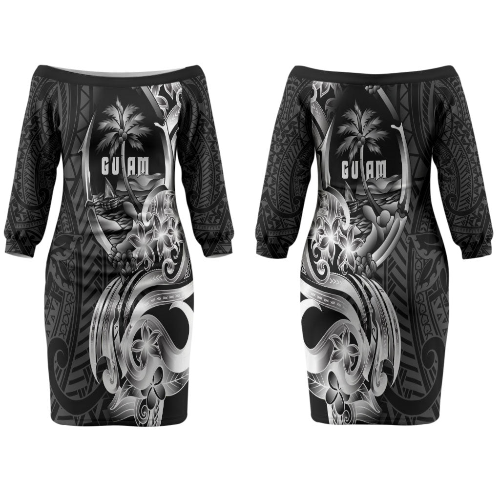 Attelong Guam Chamorro Couples Matching Off The Shoulder Long Sleeve Dress and Hawaiian Shirt Guahan Seal Tattoo LT14 - Polynesian Pride