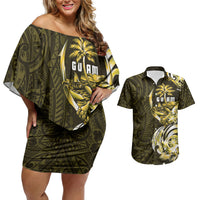 Amariyu Guam Chamorro Couples Matching Off Shoulder Short Dress and Hawaiian Shirt Guahan Seal Tattoo LT14 Yellow - Polynesian Pride