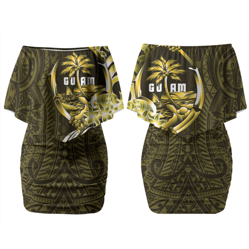 Amariyu Guam Chamorro Couples Matching Off Shoulder Short Dress and Hawaiian Shirt Guahan Seal Tattoo LT14 - Polynesian Pride