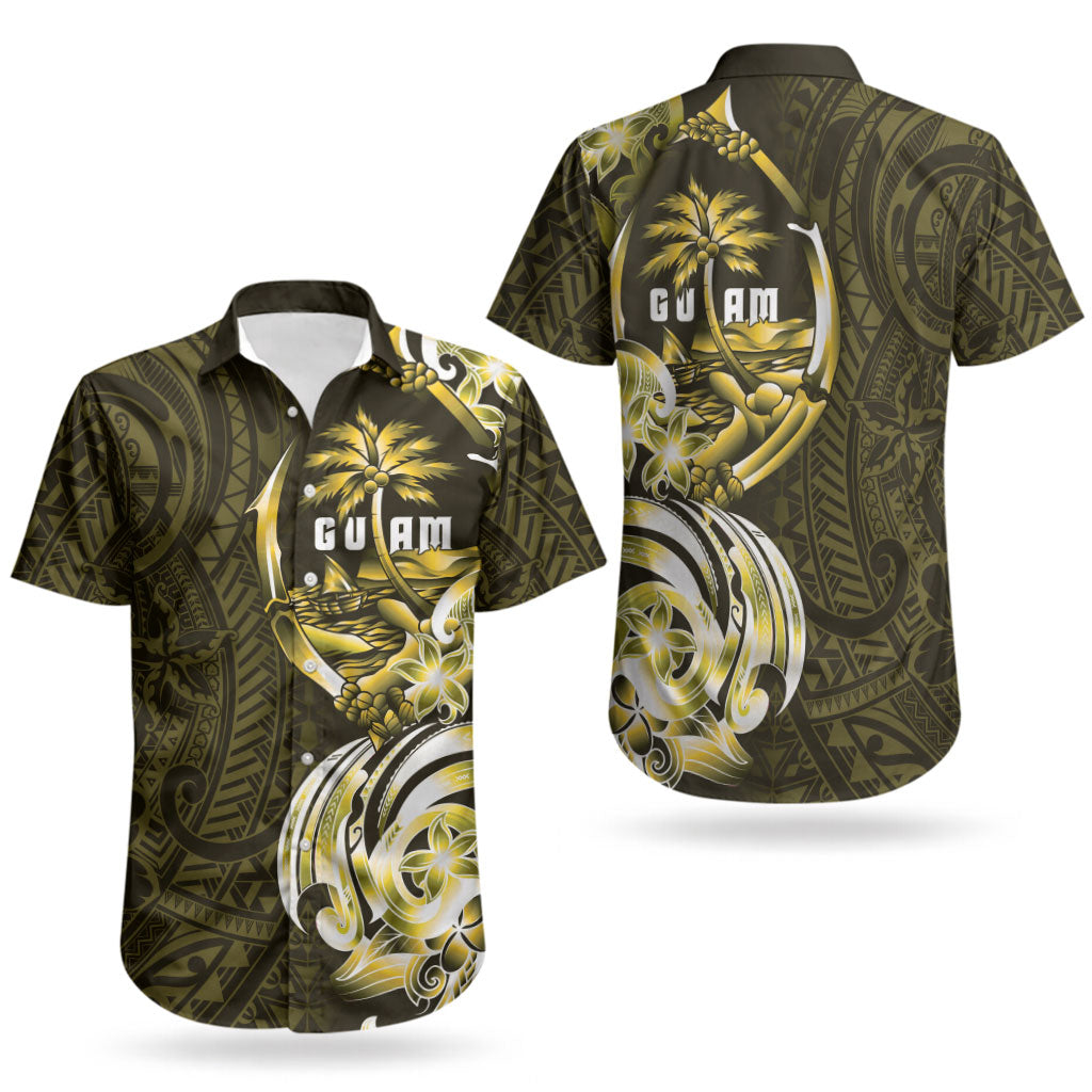 Amariyu Guam Chamorro Couples Matching Off Shoulder Short Dress and Hawaiian Shirt Guahan Seal Tattoo LT14 - Polynesian Pride