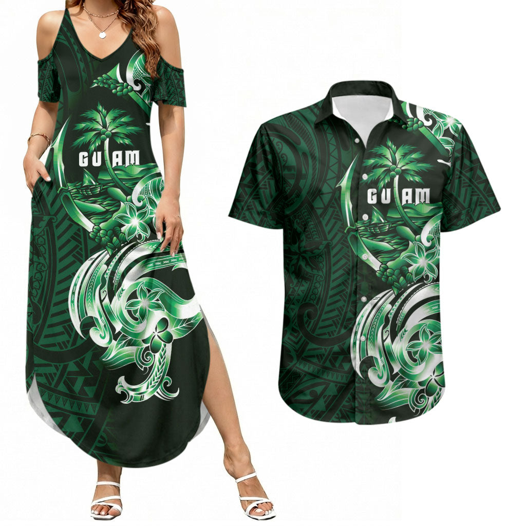 Betde Guam Chamorro Couples Matching Summer Maxi Dress and Hawaiian Shirt Guahan Seal Tattoo LT14 Green - Polynesian Pride