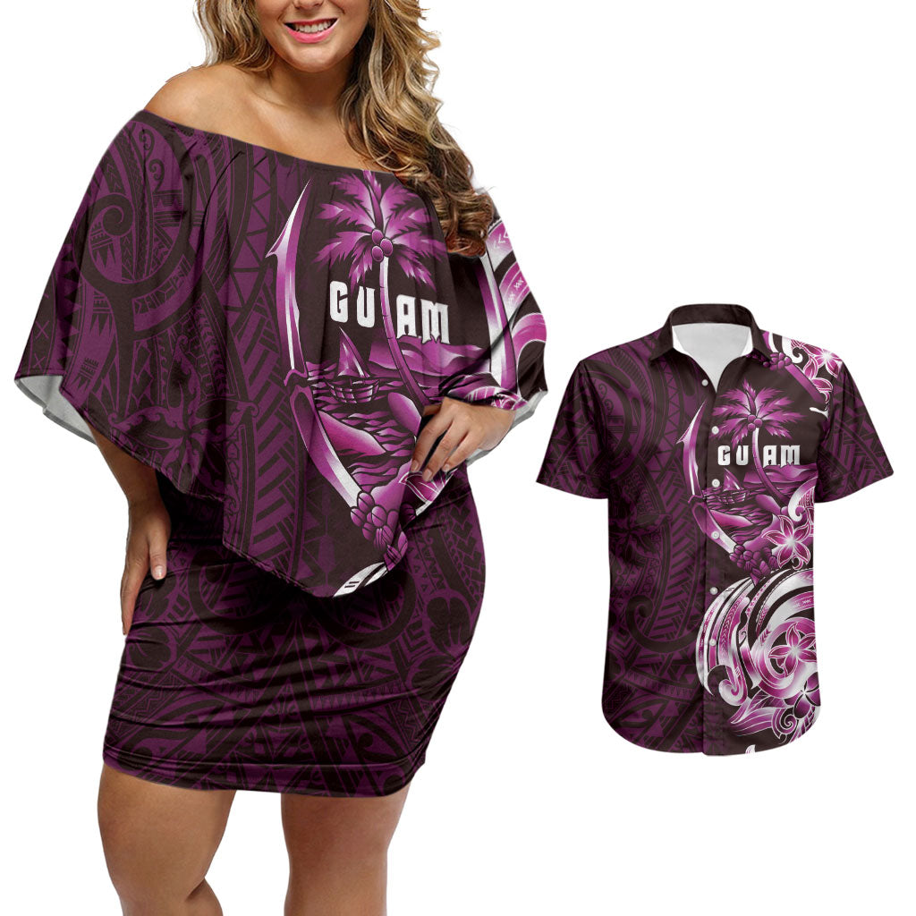 Kulot Di Rosa Guam Chamorro Couples Matching Off Shoulder Short Dress and Hawaiian Shirt Guahan Seal Tattoo LT14 Pink - Polynesian Pride