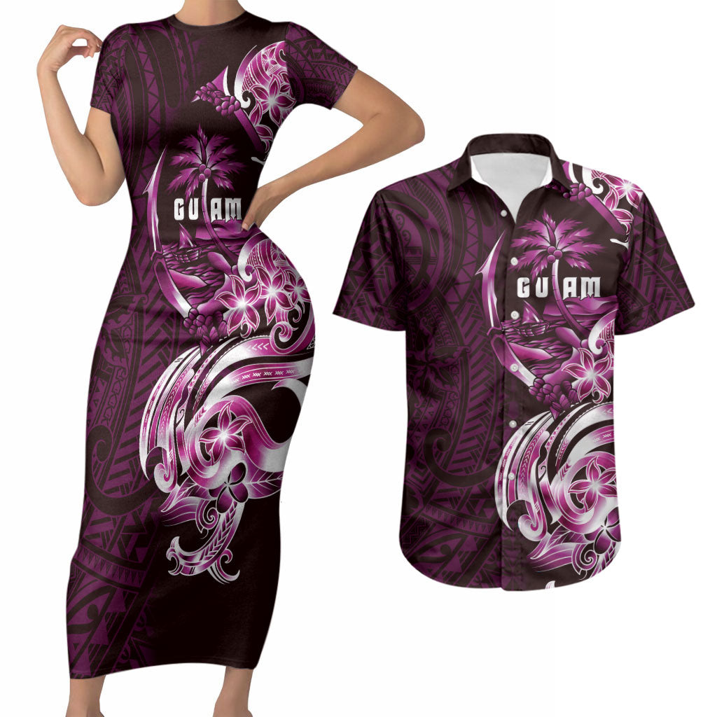 Kulot Di Rosa Guam Chamorro Couples Matching Short Sleeve Bodycon Dress and Hawaiian Shirt Guahan Seal Tattoo LT14 Pink - Polynesian Pride