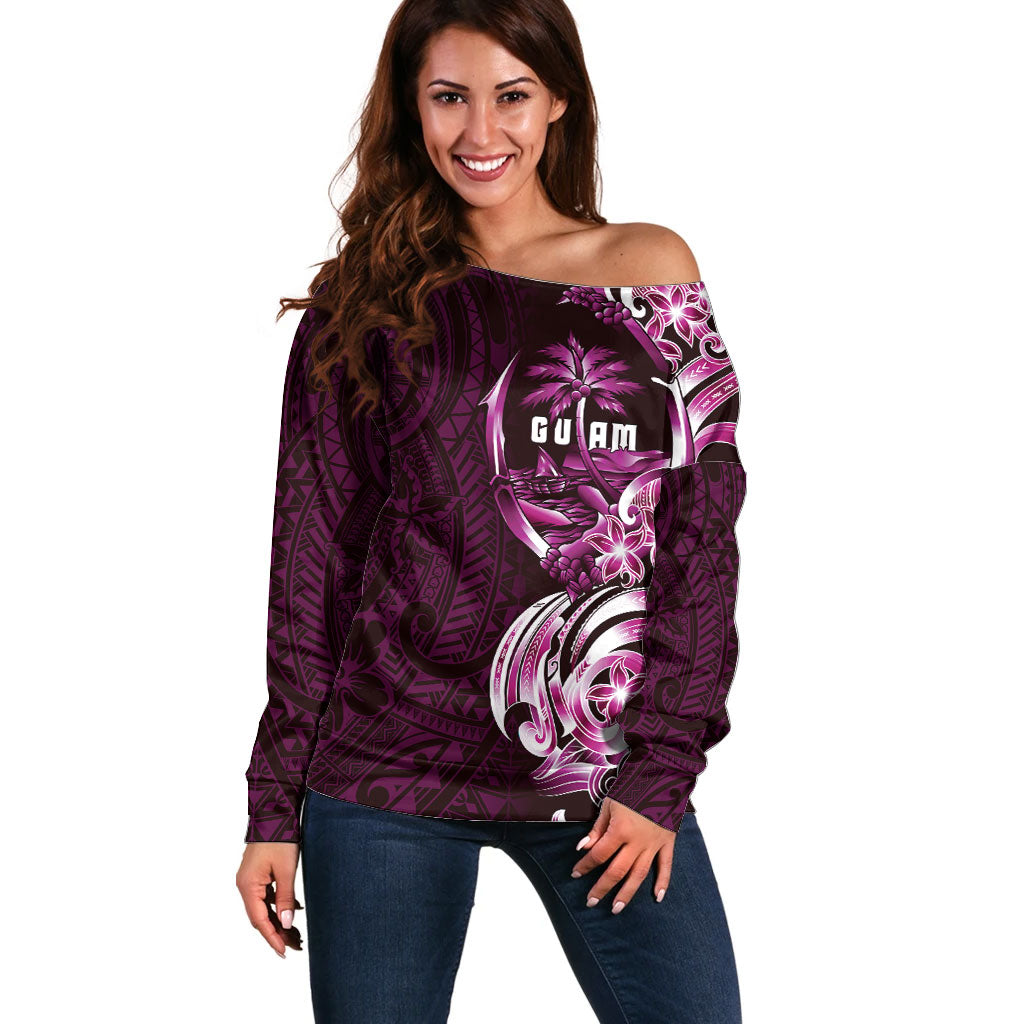 Kulot Di Rosa Guam Chamorro Off Shoulder Sweater Guahan Seal Tattoo LT14 Women Pink - Polynesian Pride