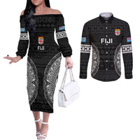 Fiji Rugby Couples Matching Off The Shoulder Long Sleeve Dress and Long Sleeve Button Shirts 2023 Fijian Tapa Pattern World Cup Black LT14 Black - Polynesian Pride