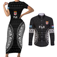 Fiji Rugby Couples Matching Short Sleeve Bodycon Dress and Long Sleeve Button Shirts 2023 Fijian Tapa Pattern World Cup Black LT14 Black - Polynesian Pride