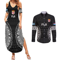 Fiji Rugby Couples Matching Summer Maxi Dress and Long Sleeve Button Shirts 2023 Fijian Tapa Pattern World Cup Black LT14 Black - Polynesian Pride