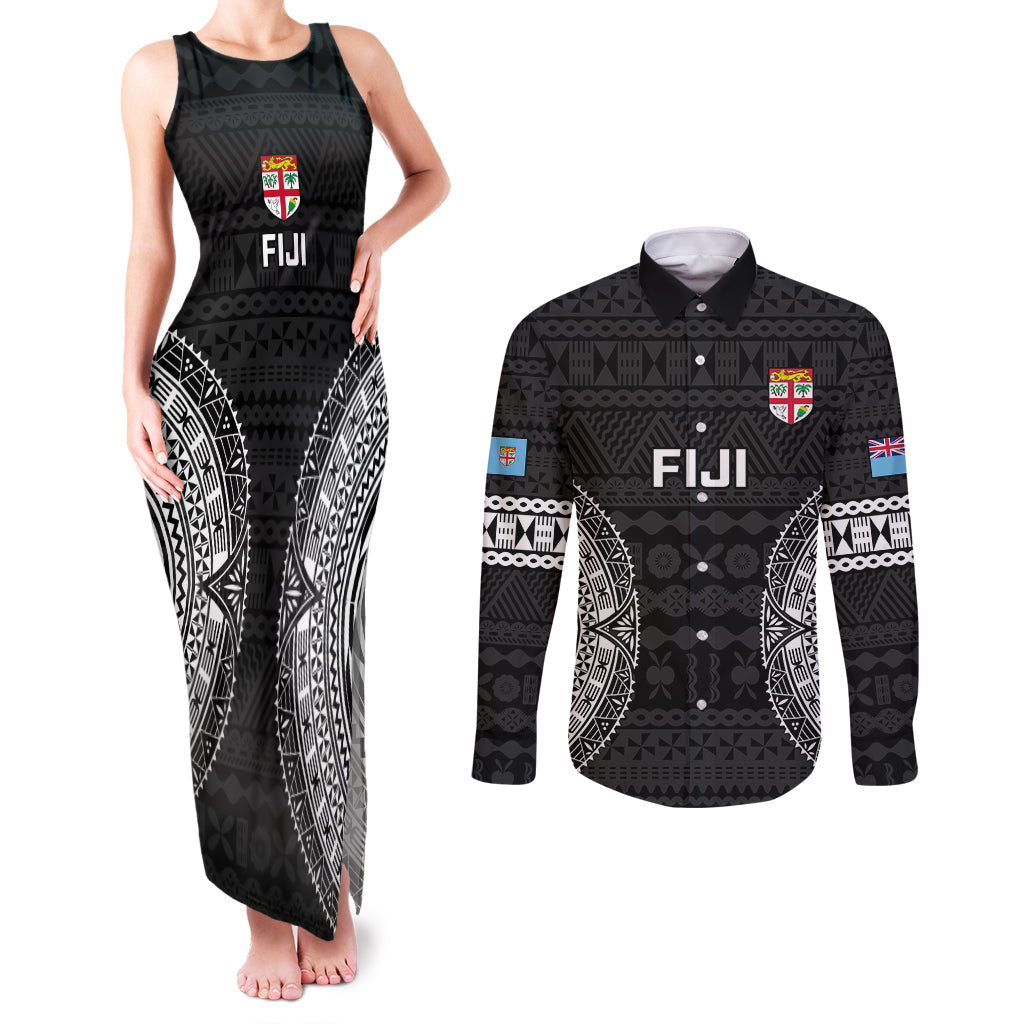 Fiji Rugby Couples Matching Tank Maxi Dress and Long Sleeve Button Shirts 2023 Fijian Tapa Pattern World Cup Black LT14 Black - Polynesian Pride