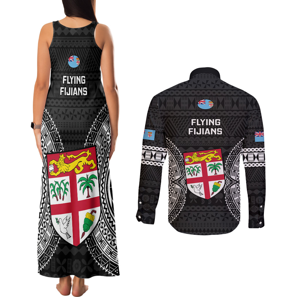 Fiji Rugby Couples Matching Tank Maxi Dress and Long Sleeve Button Shirts 2023 Fijian Tapa Pattern World Cup Black LT14 - Polynesian Pride