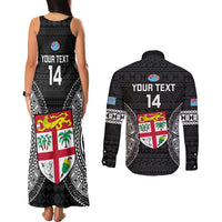 Custom Fiji Rugby Couples Matching Tank Maxi Dress and Long Sleeve Button Shirts 2023 Fijian Tapa Pattern World Cup Black LT14 - Polynesian Pride