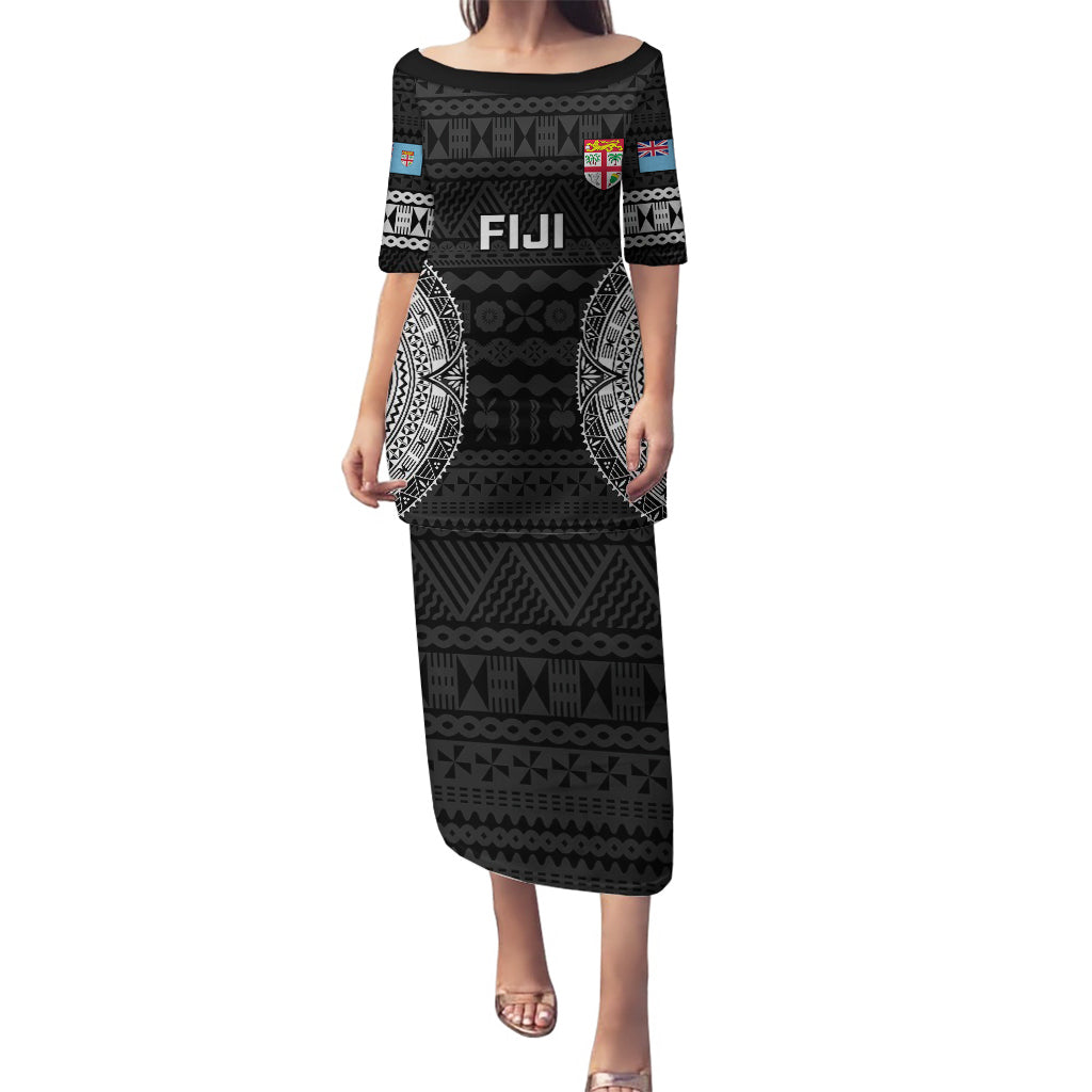 Custom Fiji Rugby Puletasi 2023 Fijian Tapa Pattern World Cup Black LT14 Long Dress Black - Polynesian Pride