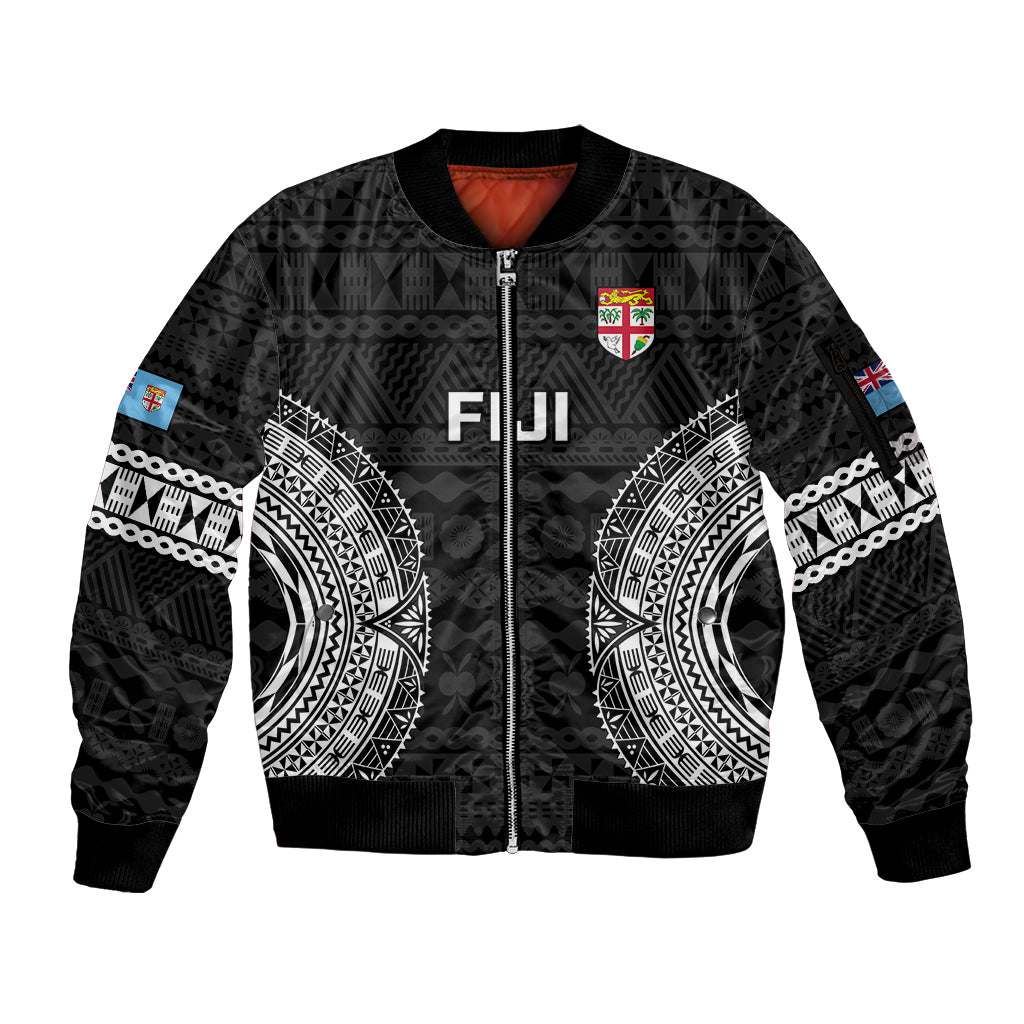 Custom Fiji Rugby Sleeve Zip Bomber Jacket 2023 Fijian Tapa Pattern World Cup Black LT14 Unisex Black - Polynesian Pride