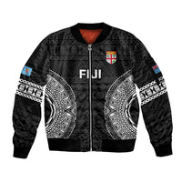 Custom Fiji Rugby Sleeve Zip Bomber Jacket 2023 Fijian Tapa Pattern World Cup Black LT14 Unisex Black - Polynesian Pride