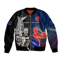 New Zealand And France Rugby Bomber Jacket All Black With Les Bleus Together 2023 World Cup LT14 Unisex Black - Polynesian Pride