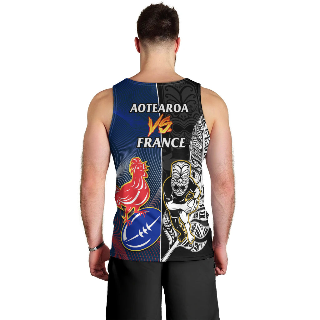 New Zealand And France Rugby Men Tank Top All Black With Les Bleus Together 2023 World Cup LT14 - Polynesian Pride