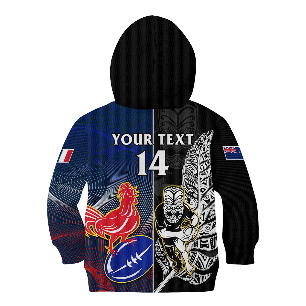 Custom New Zealand And France Rugby Kid Hoodie All Black With Les Bleus Together 2023 World Cup LT14 - Polynesian Pride