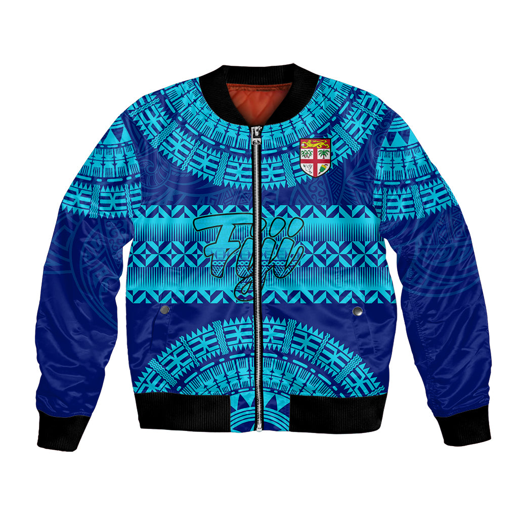 Personalised Fiji Bomber Jacket Unique Fijian Tapa Pattern With Coat Of Arms LT14 Unisex Blue - Polynesian Pride