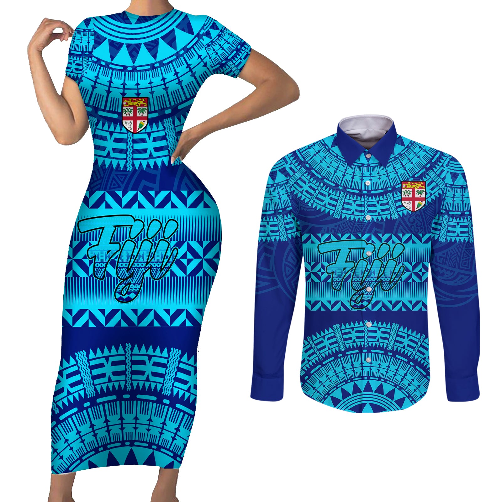 Personalised Fiji Couples Matching Short Sleeve Bodycon Dress and Long Sleeve Button Shirts Unique Fijian Tapa Pattern With Coat Of Arms LT14 Blue - Polynesian Pride