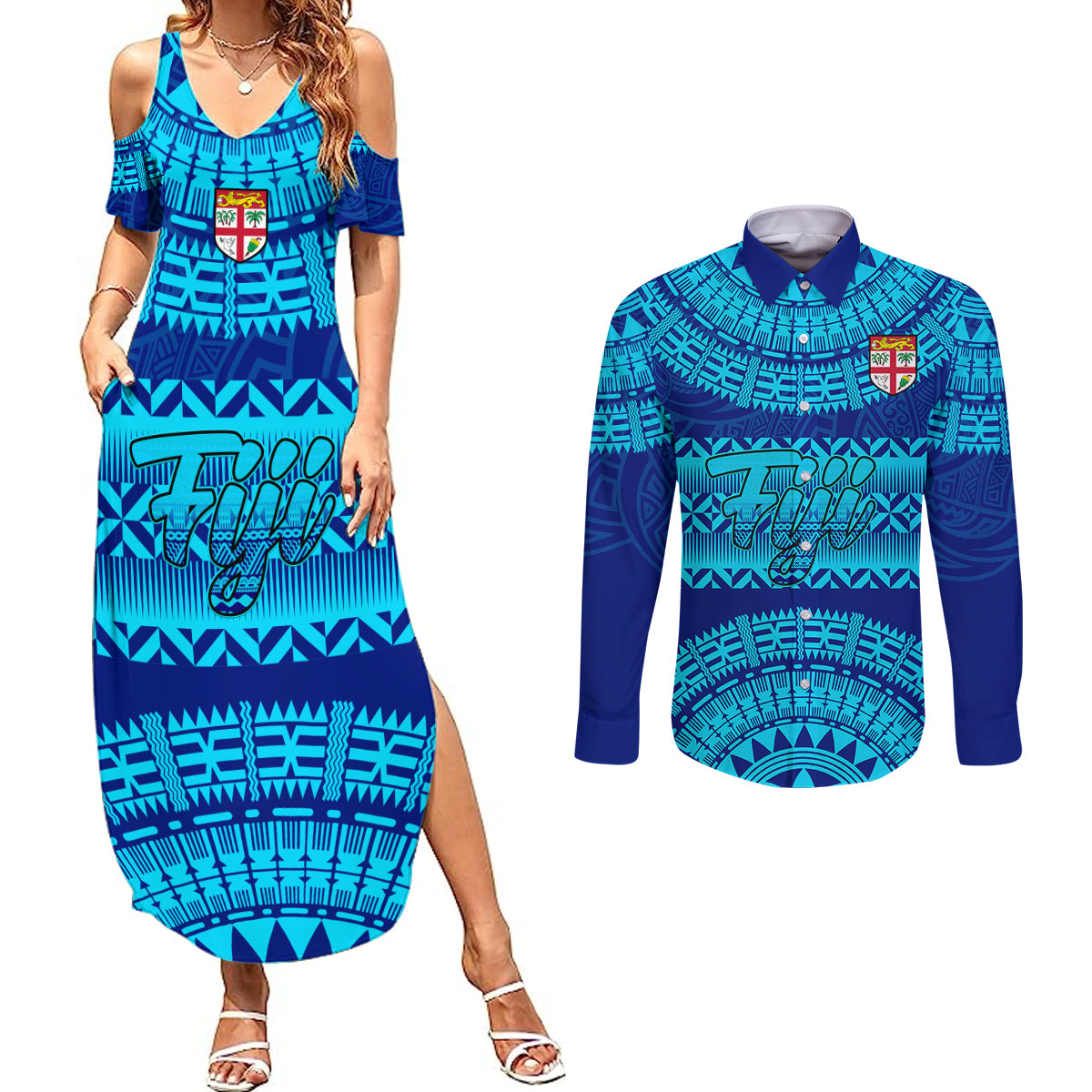 Personalised Fiji Couples Matching Summer Maxi Dress and Long Sleeve Button Shirts Unique Fijian Tapa Pattern With Coat Of Arms LT14 Blue - Polynesian Pride