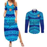 Personalised Fiji Couples Matching Summer Maxi Dress and Long Sleeve Button Shirts Unique Fijian Tapa Pattern With Coat Of Arms LT14 Blue - Polynesian Pride