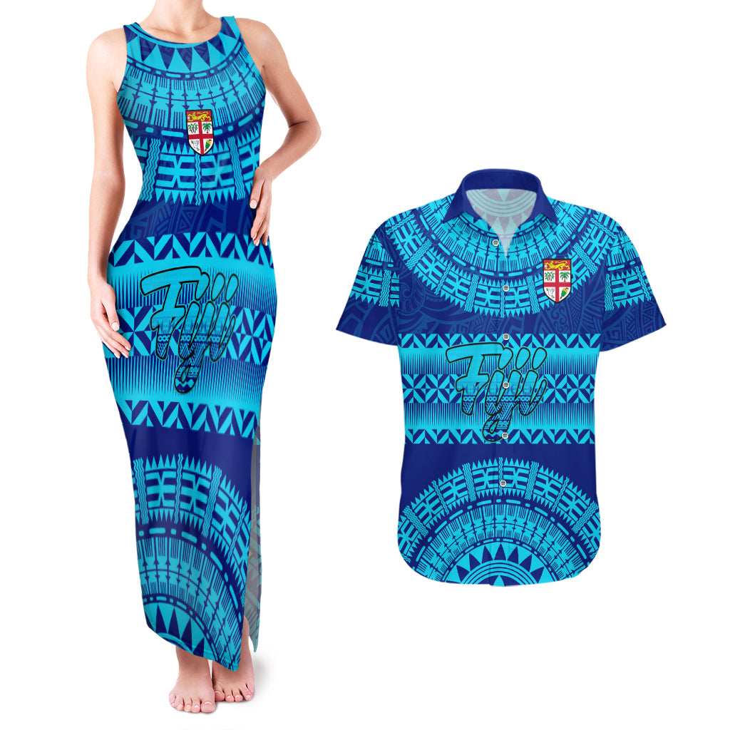 Personalised Fiji Couples Matching Tank Maxi Dress and Hawaiian Shirt Unique Fijian Tapa Pattern With Coat Of Arms LT14 Blue - Polynesian Pride