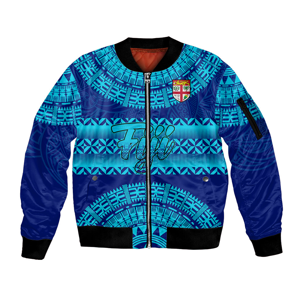 Personalised Fiji Sleeve Zip Bomber Jacket Unique Fijian Tapa Pattern With Coat Of Arms LT14 Unisex Blue - Polynesian Pride