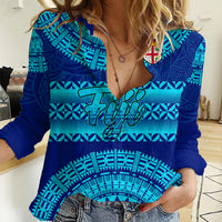 Personalised Fiji Women Casual Shirt Unique Fijian Tapa Pattern With Coat Of Arms LT14 Female Blue - Polynesian Pride