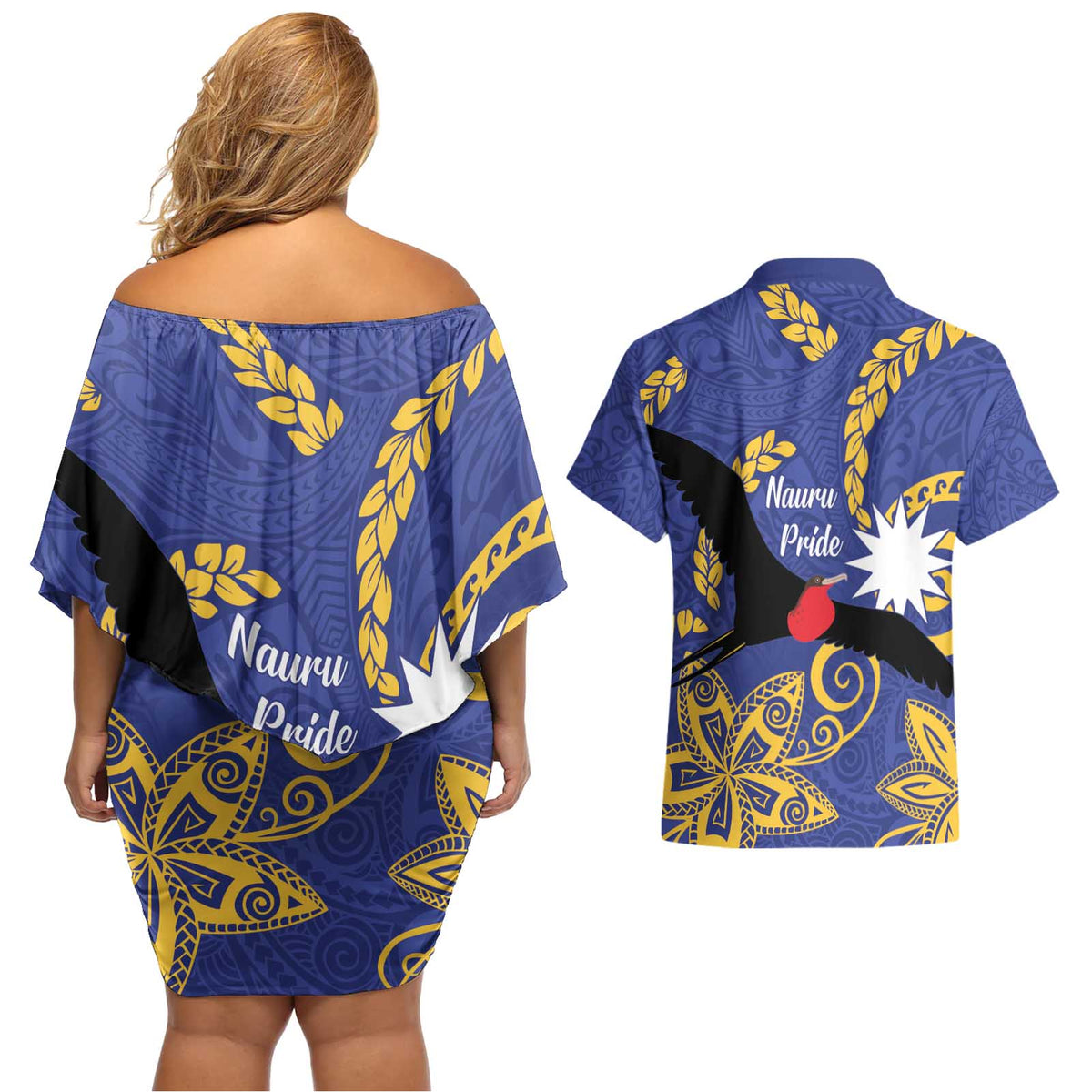 Nauru Angam Day Couples Matching Off Shoulder Short Dress and Hawaiian Shirt Naoero Frigate Bird Polynesian Pattern