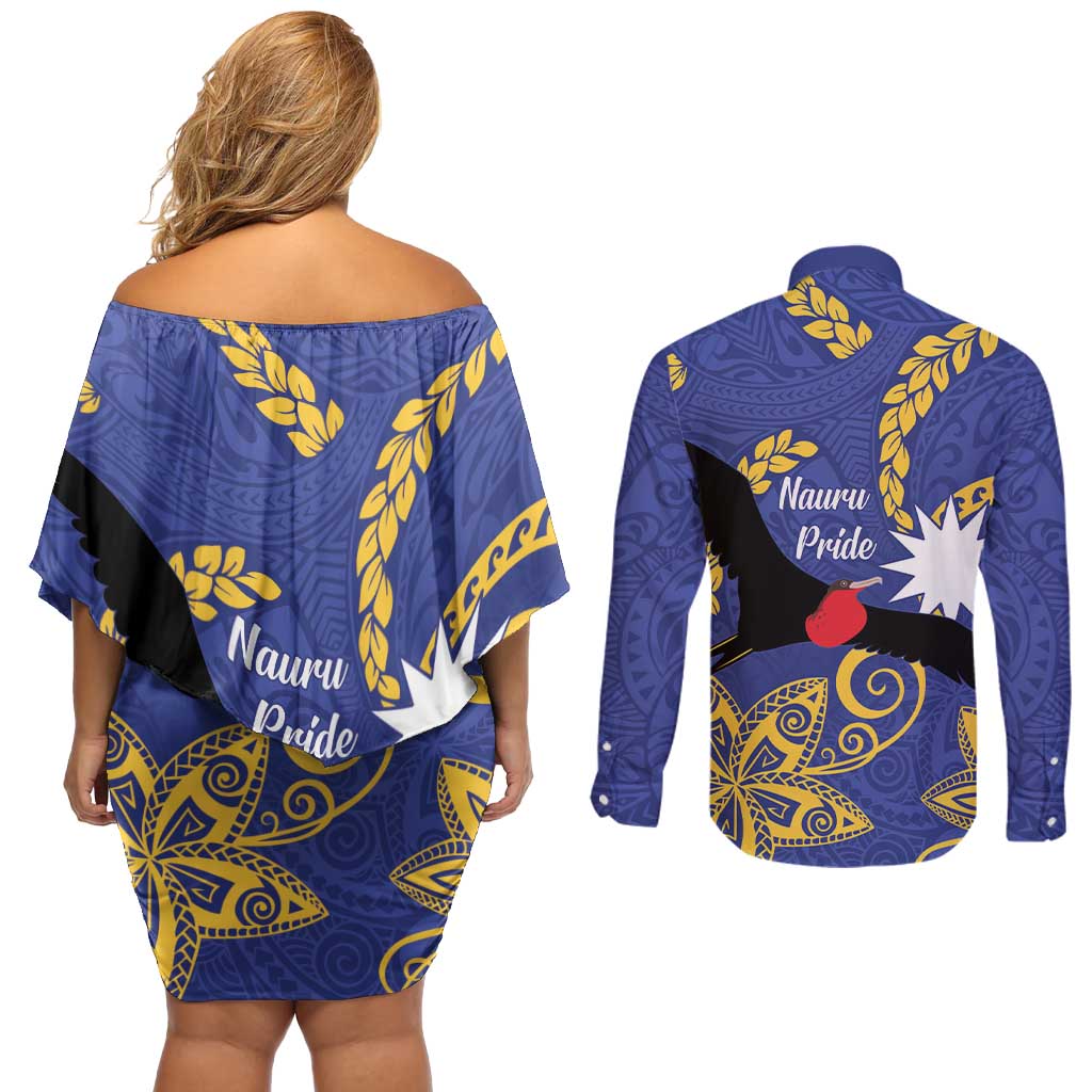 Nauru Angam Day Couples Matching Off Shoulder Short Dress and Long Sleeve Button Shirt Naoero Frigate Bird Polynesian Pattern