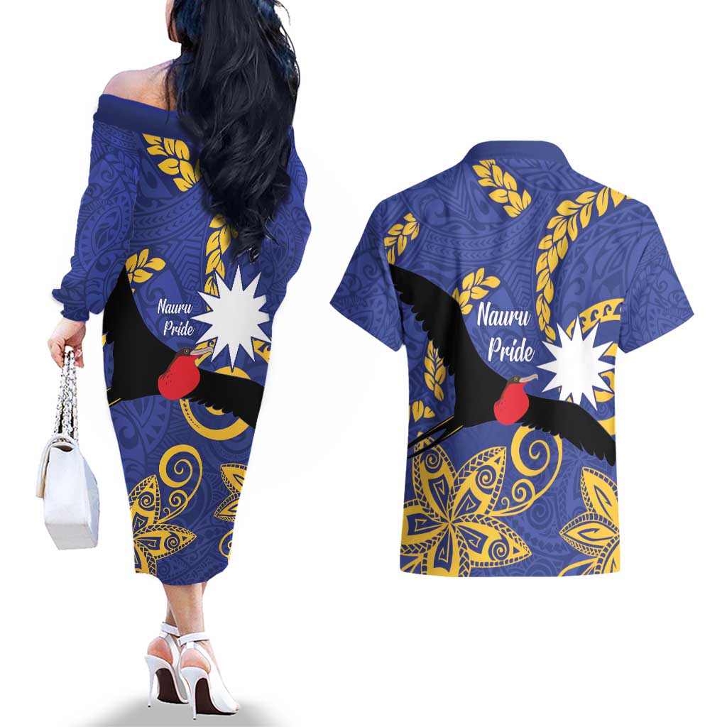 Nauru Angam Day Couples Matching Off The Shoulder Long Sleeve Dress and Hawaiian Shirt Naoero Frigate Bird Polynesian Pattern