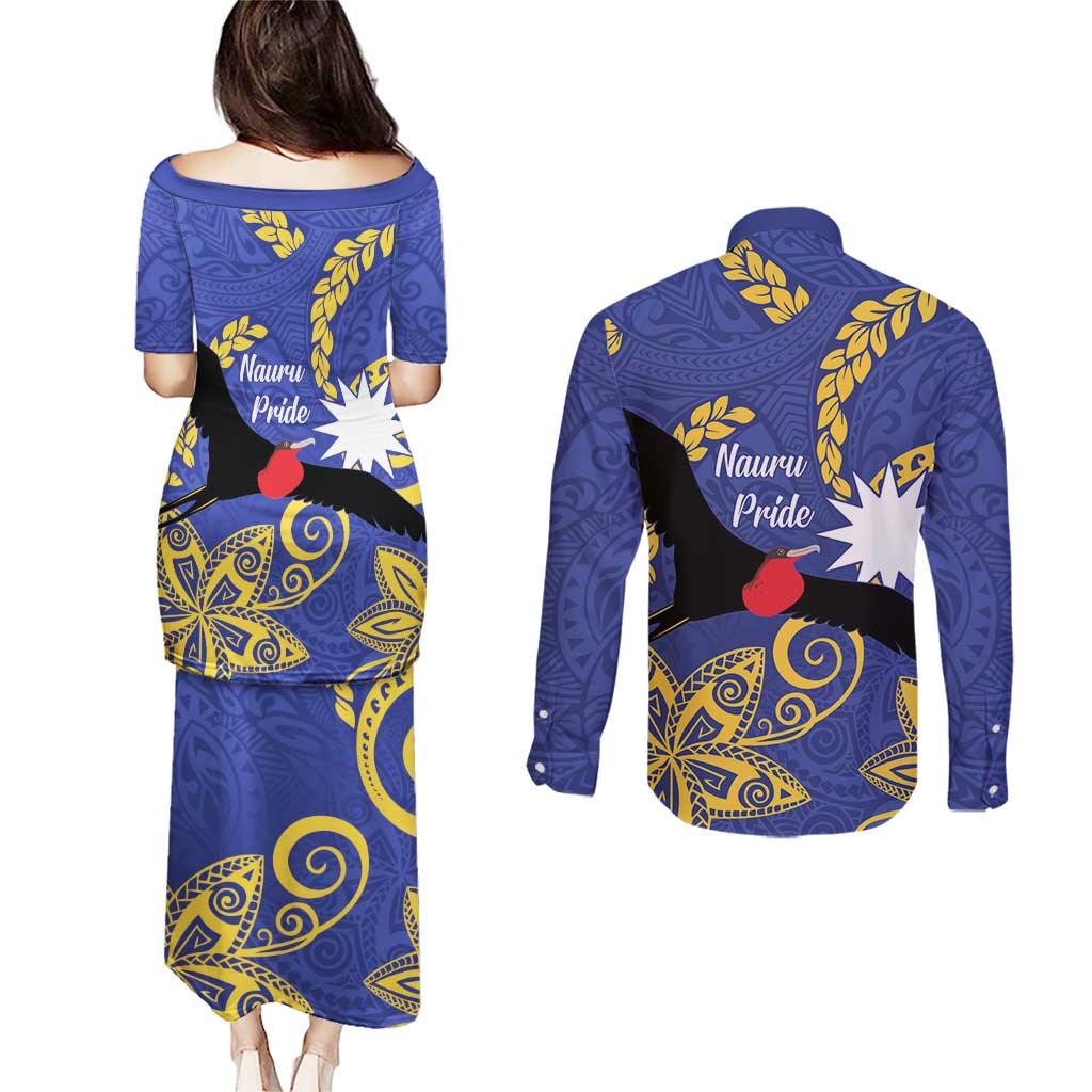 Nauru Angam Day Couples Matching Puletasi and Long Sleeve Button Shirt Naoero Frigate Bird Polynesian Pattern