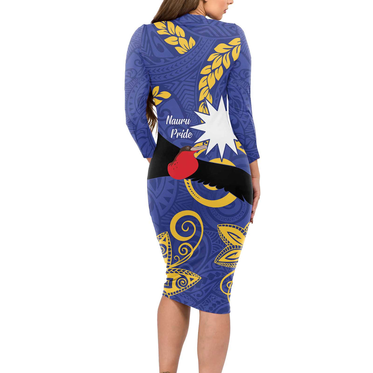 Nauru Angam Day Long Sleeve Bodycon Dress Naoero Frigate Bird Polynesian Pattern