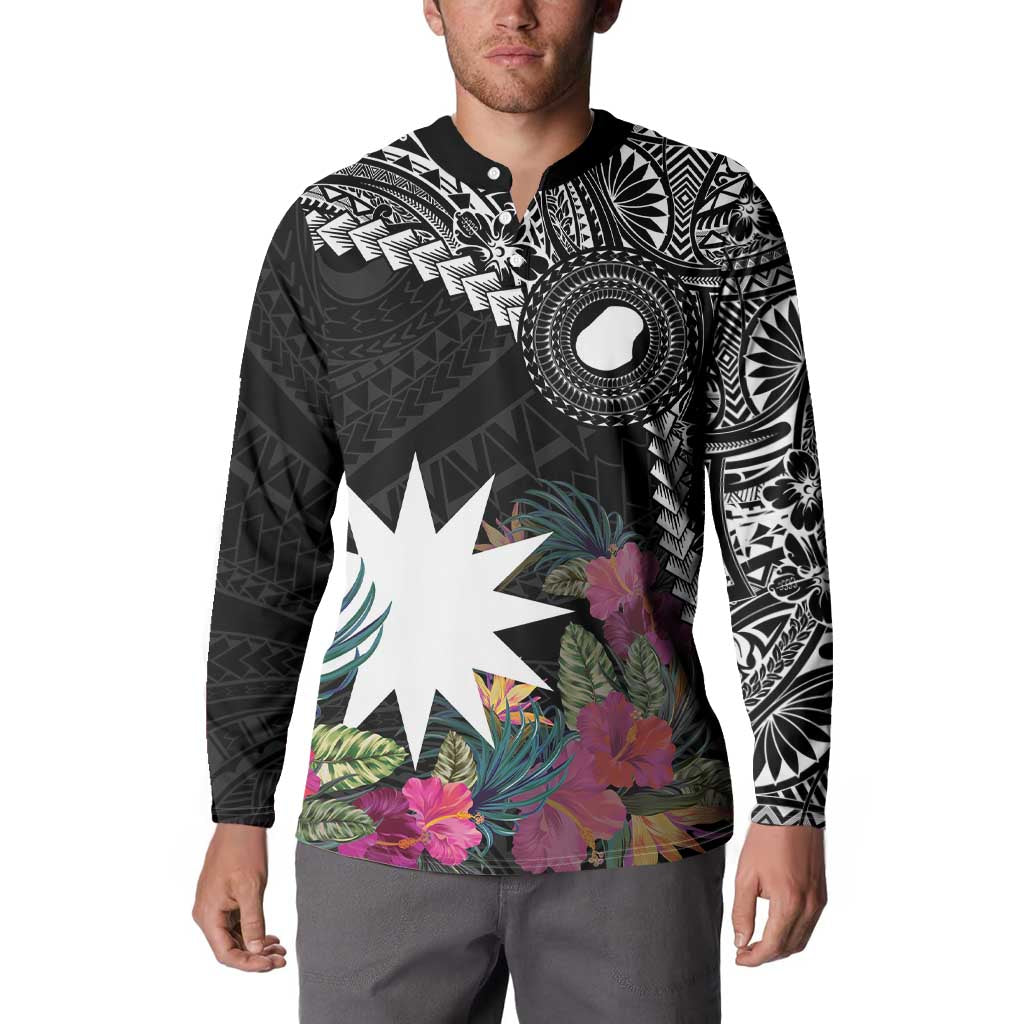 Black Nauru Button Sweatshirt Naoero Map With Polynesian Tropical Flowers