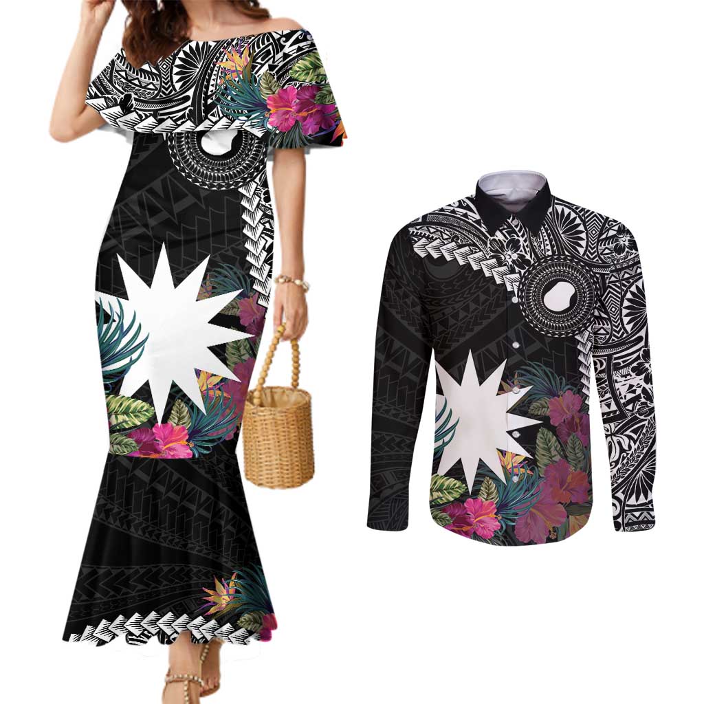 Black Nauru Couples Matching Mermaid Dress and Long Sleeve Button Shirt Naoero Map With Polynesian Tropical Flowers