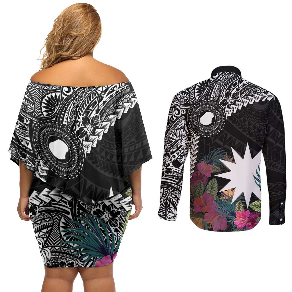 Black Nauru Couples Matching Off Shoulder Short Dress and Long Sleeve Button Shirt Naoero Map With Polynesian Tropical Flowers