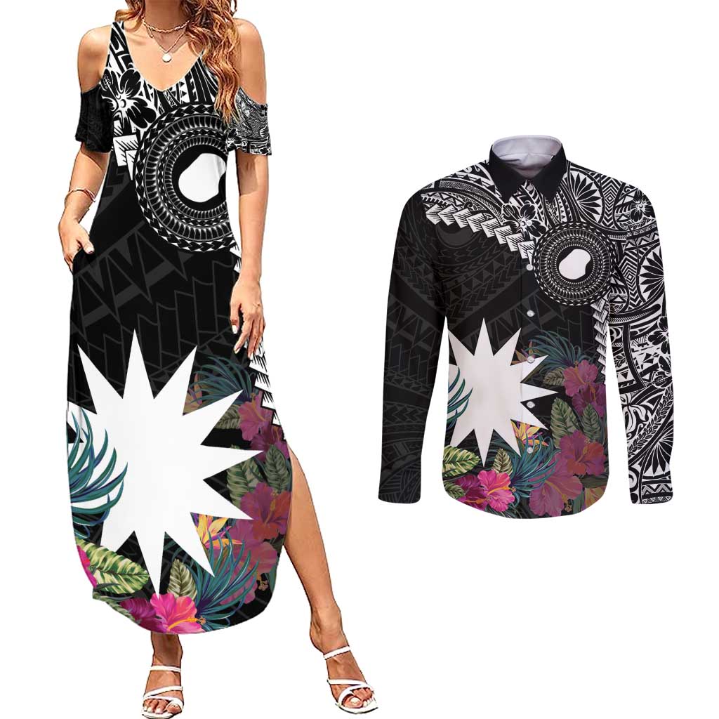 Black Nauru Couples Matching Summer Maxi Dress and Long Sleeve Button Shirt Naoero Map With Polynesian Tropical Flowers