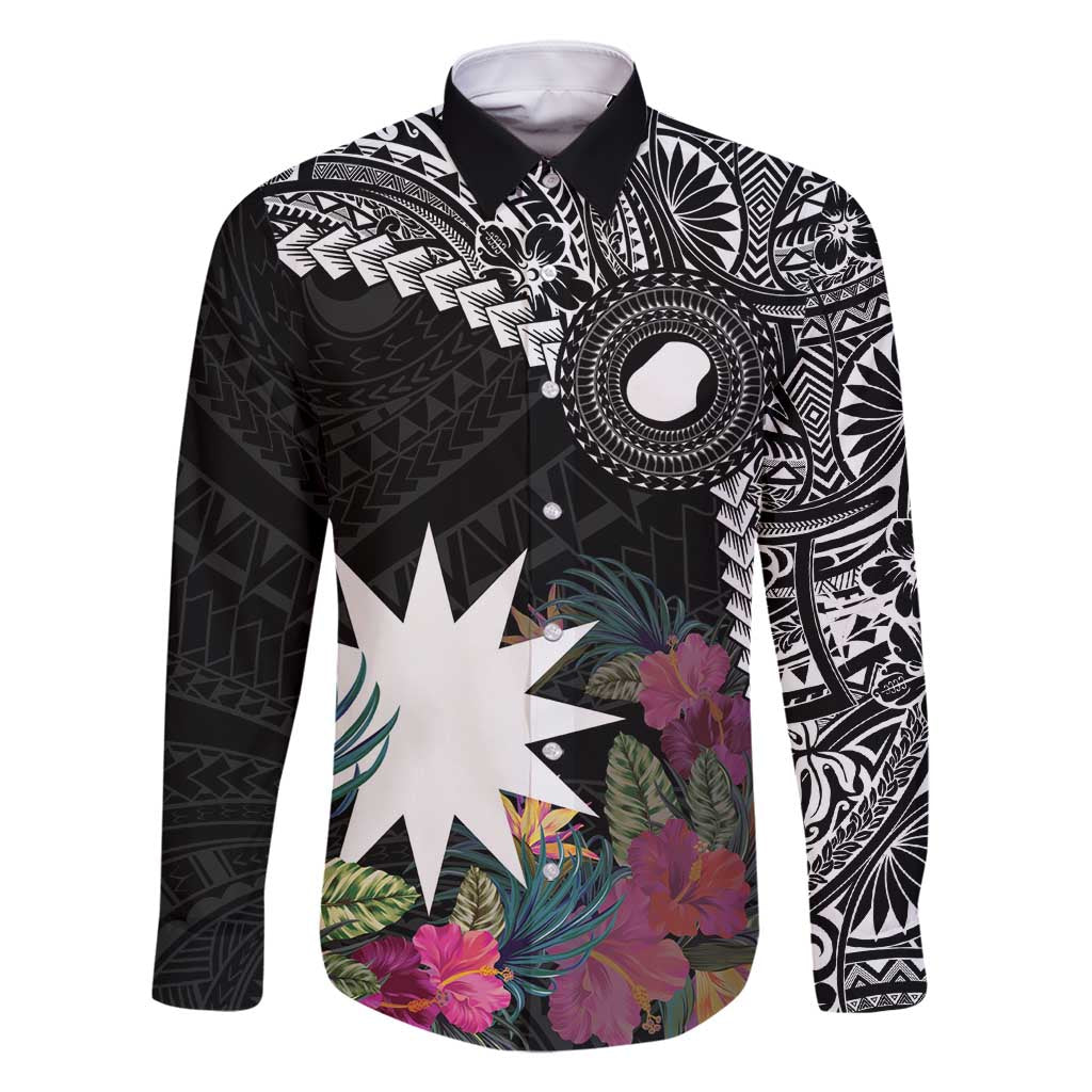 Black Nauru Family Matching Off Shoulder Maxi Dress and Hawaiian Shirt Naoero Map With Polynesian Tropical Flowers