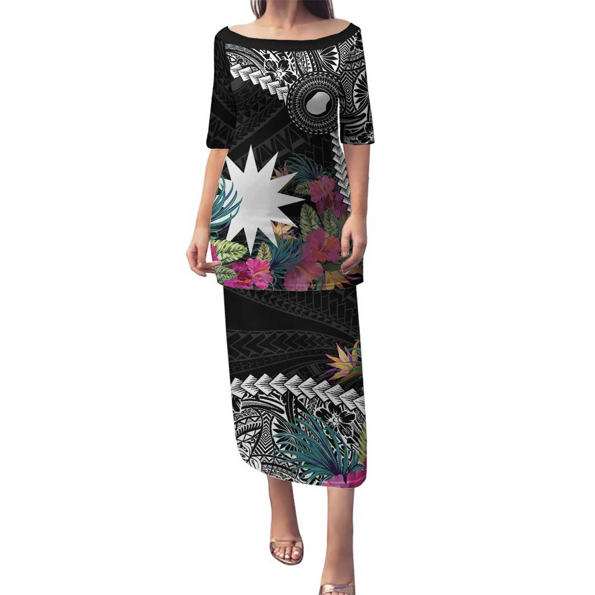 Black Nauru Family Matching Puletasi and Hawaiian Shirt Naoero Map With Polynesian Tropical Flowers