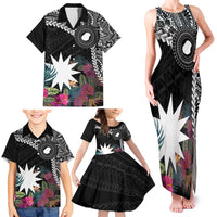 Black Nauru Family Matching Tank Maxi Dress and Hawaiian Shirt Naoero Map With Polynesian Tropical Flowers