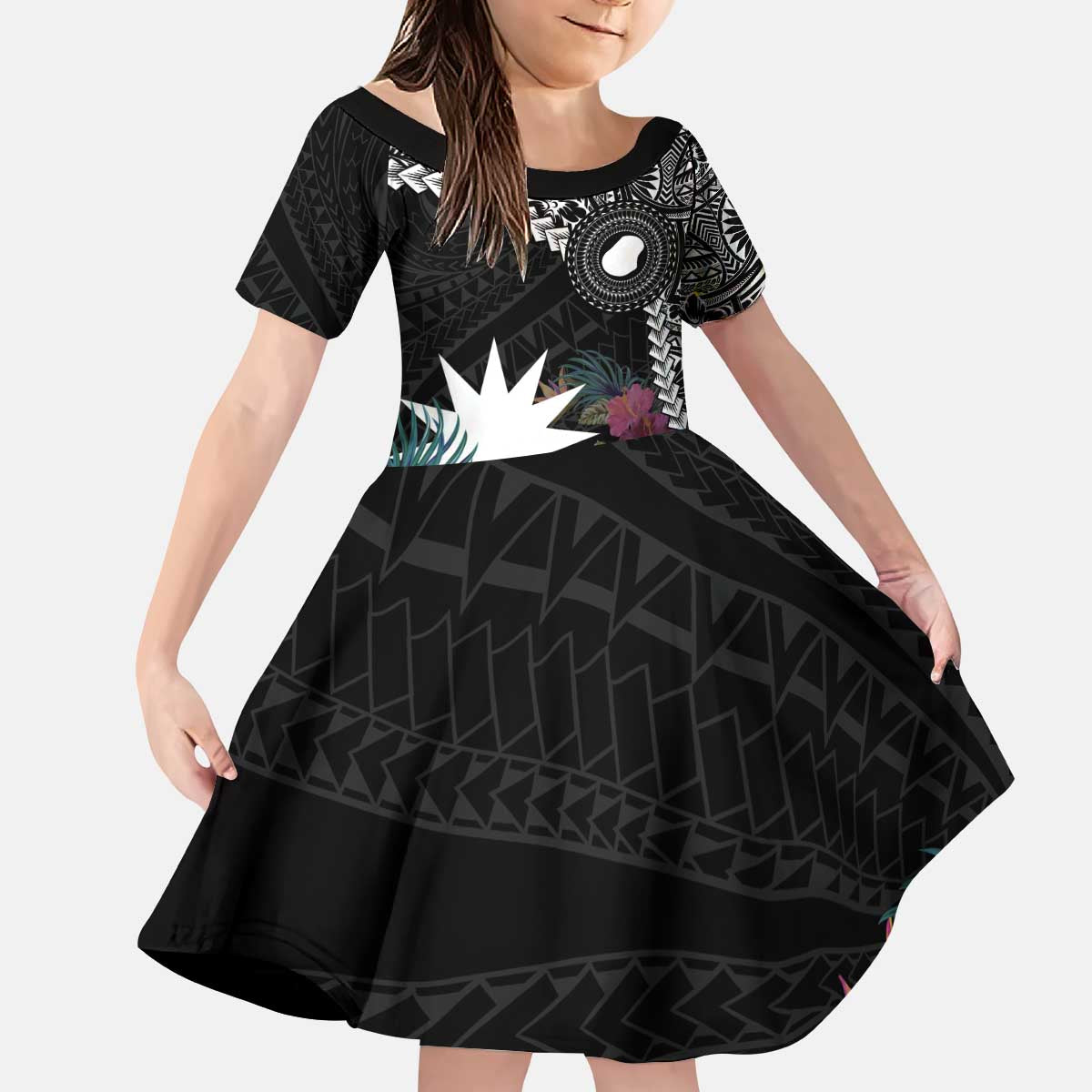 Black Nauru Kid Short Sleeve Dress Naoero Map With Polynesian Tropical Flowers
