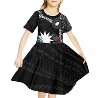 Black Nauru Kid Short Sleeve Dress Naoero Map With Polynesian Tropical Flowers