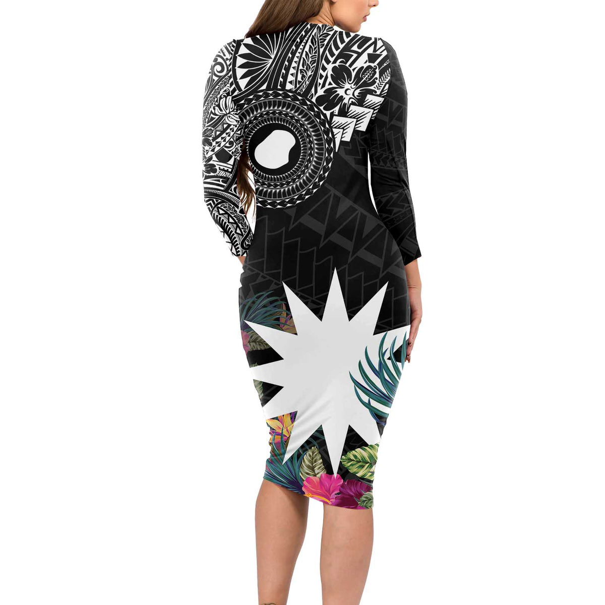 Black Nauru Long Sleeve Bodycon Dress Naoero Map With Polynesian Tropical Flowers