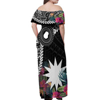 Black Nauru Off Shoulder Maxi Dress Naoero Map With Polynesian Tropical Flowers
