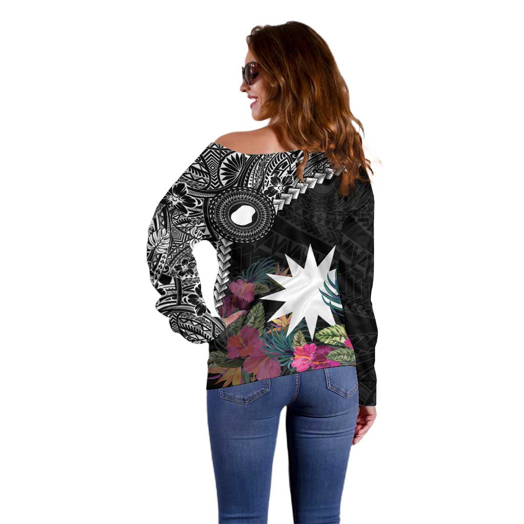 Black Nauru Off Shoulder Sweater Naoero Map With Polynesian Tropical Flowers