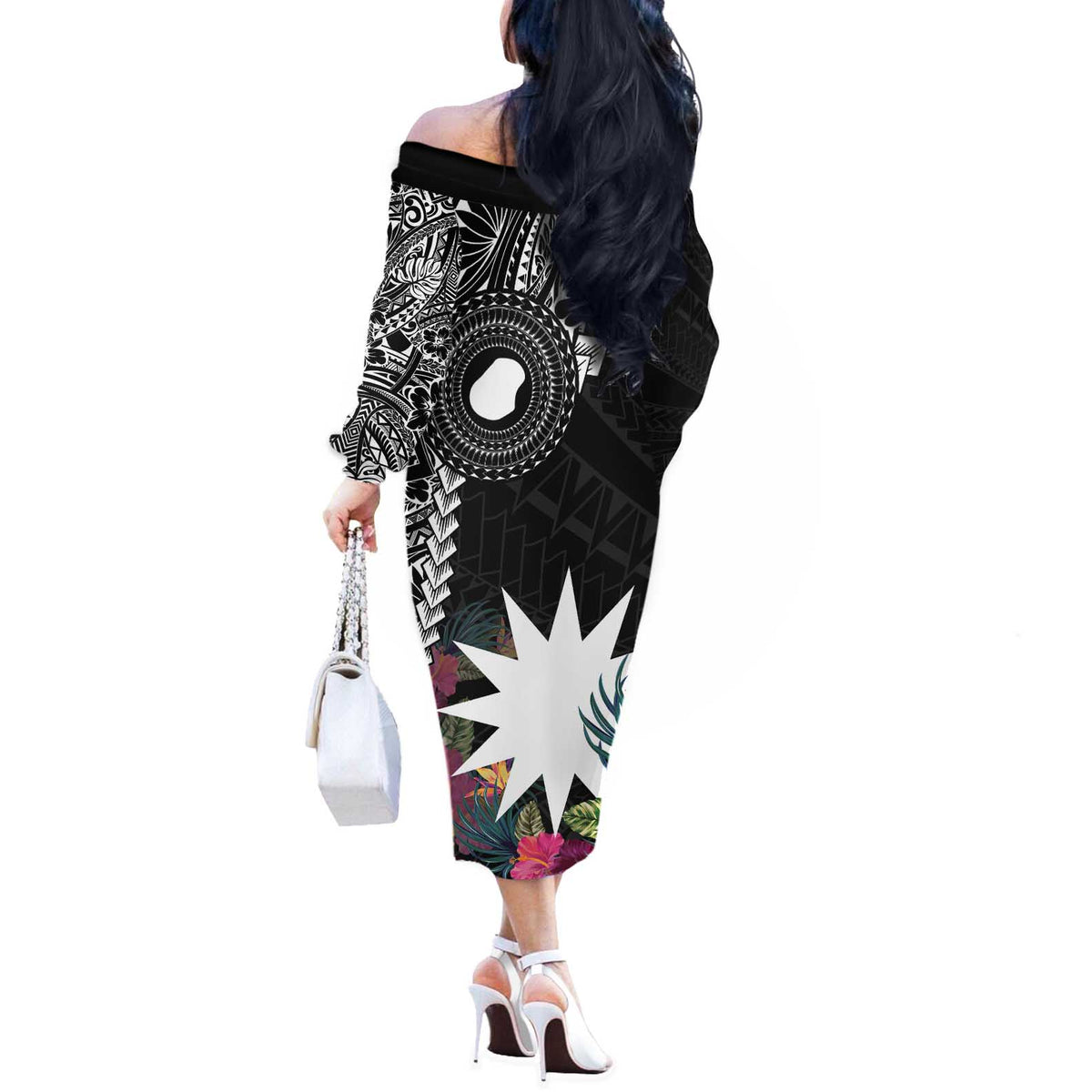 Black Nauru Off The Shoulder Long Sleeve Dress Naoero Map With Polynesian Tropical Flowers