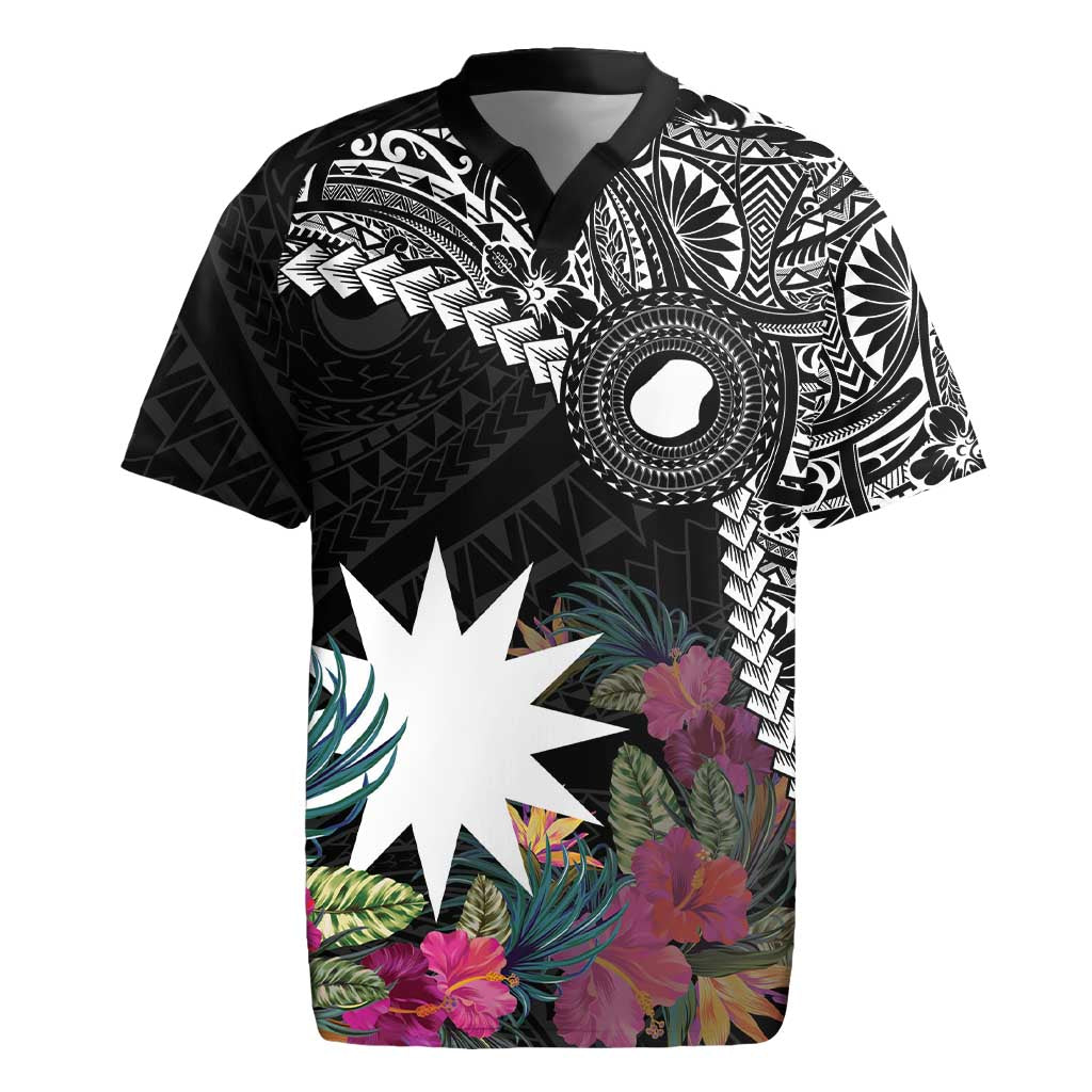 Black Nauru Rugby Jersey Naoero Map With Polynesian Tropical Flowers